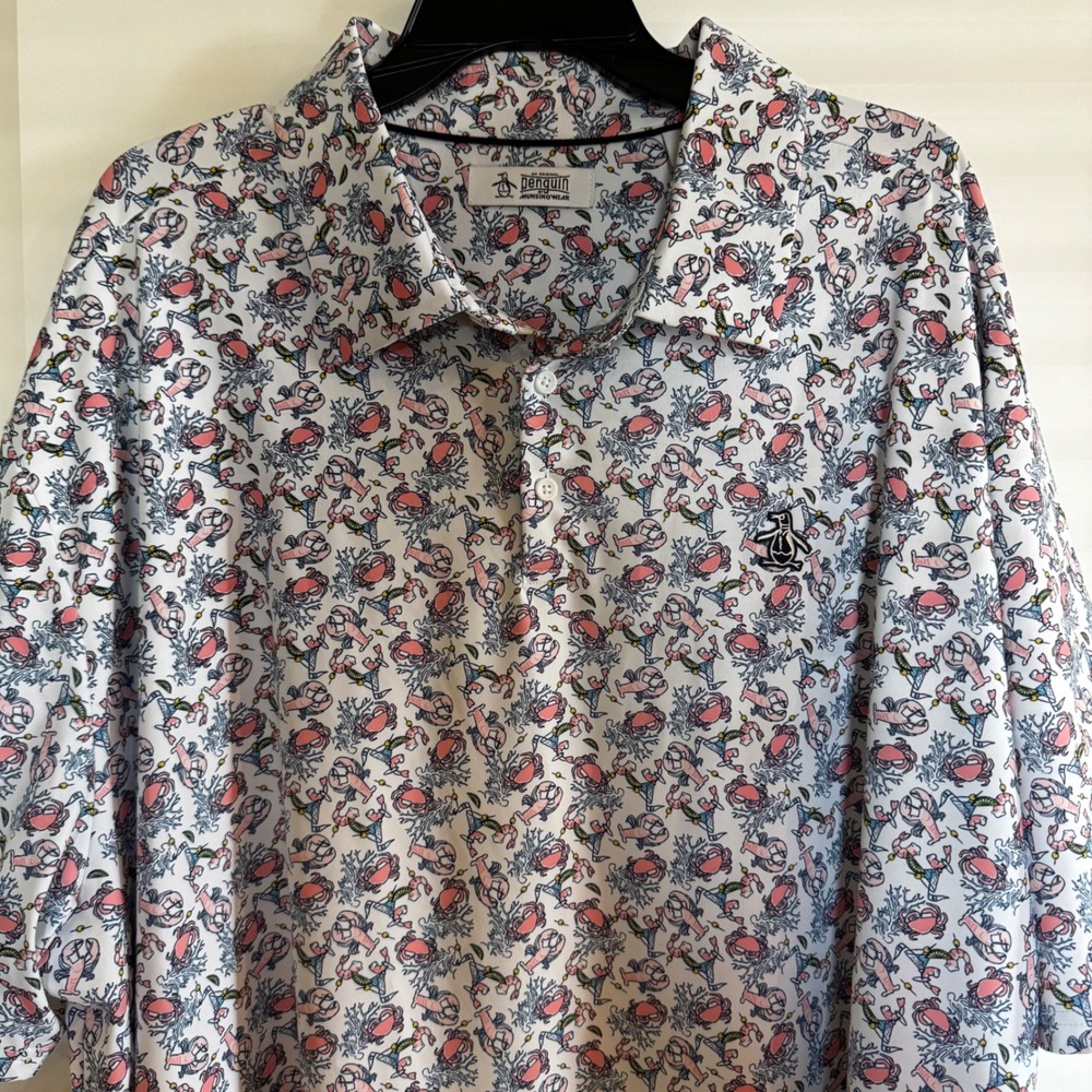 Original Penguin Polo Shirt Mens 3X White Lobster Crab Cocktail Print Short Slv